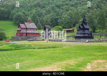 The Borgund stave church from a distance together with the bell tower and the Borgund church Stock Photo