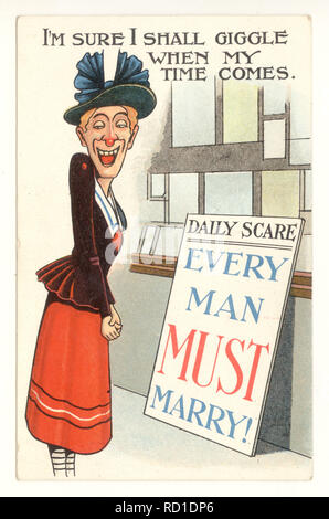 Anti-suffragette comic postcard of simpering unattractive old maid / spinster, 'Every Man Must Marry' poster, illustrates the fears of the rising power of women during women's fight for suffrage, circa 1921, U.K.