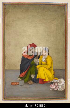Earpicker. A man cleaning another man's ear. Tashrih al-aqvam, an account of origins and occupations of some of the sects, castes and tribes of India. Hansi Cantonment, Hissar District, 1825. Source: Add. 27255, f.276v. Language: Persian. Author: ANON. Stock Photo