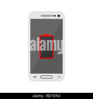 screen of the smartphone shows a battery with a discharged battery. Stock Vector