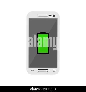 screen of the smartphone shows a battery with a fully charged battery. Stock Vector