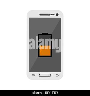 screen of the smartphone shows a battery with a half charged battery. Stock Vector