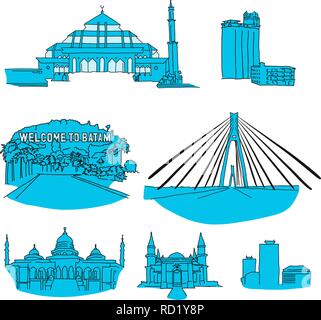 Batam hand-drawn architecture. Vector illustration. Famous travel destinations series. Stock Vector