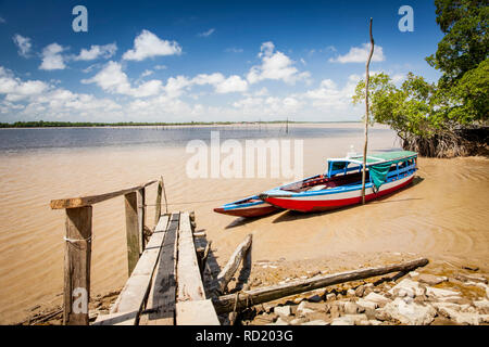 Colorful traditional boats on the Suriname river, Suriname Stock Photo