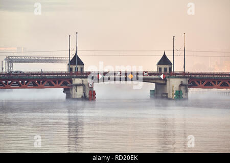 Long Bridge in Szczecin City at a foggy sunrise, Poland. Stock Photo