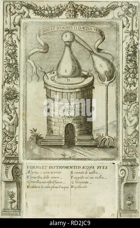 . Dell'elixir vitæ. Elixir of life; Distillation; Alchemy; Medicinal plants; Medicine; Workshop recipes. FORATO. ET JNSTRVMENTID ACQJVL VITA À..rorno. o nero to rirttz  ¥&gt;.yenesfra,a?lle ceneri QrenrrU'a, oue afa' il fu wca , Dcaìdara di rame merlaci'acoua- E.orinairdi uefr, T.cavvelio col suo roJìrc Q. re e unente. Hspirflcolo. Please note that these images are extracted from scanned page images that may have been digitally enhanced for readability - coloration and appearance of these illustrations may not perfectly resemble the original work.. Donato d'Eremita. In Napoli : Per Secondino Stock Photo