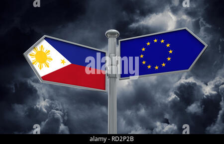 Philippines and European Union guidepost. Moving in different directions. 3D Rendering Stock Photo