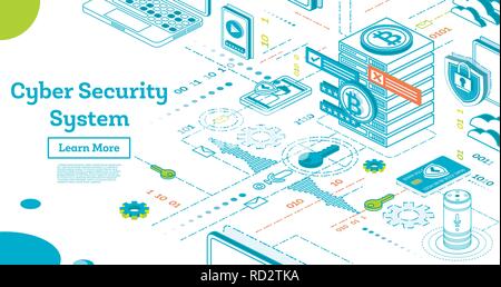 Outline Cyber Security Concept. Isometric Illustration Isolated on White. Data Protection. Cryptocurrency Farm. Mining Servers. Vector Illustration. Stock Vector