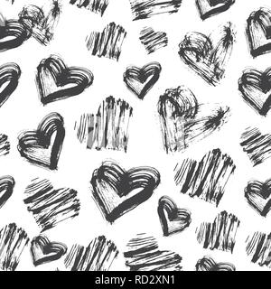 Seamless Heart Pattern. Black and White Ink Pattern. Vector Illustration. Stock Vector