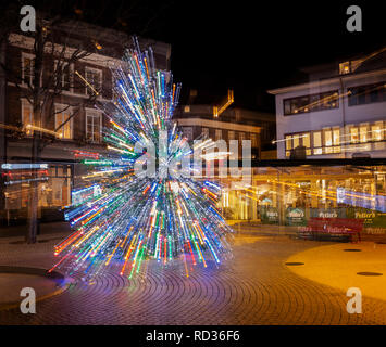 HELSINGBORG, SWEDEN: DECEMBER 5, 2018. Christmas tree in a square, with light trails. Stock Photo