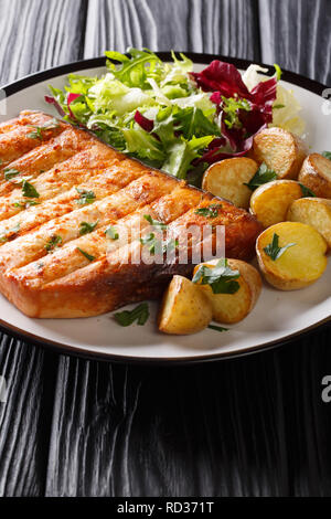 Healthy lunch grilled swordfish fillet with fried potatoes and fresh salad close-up on a plate on a wooden table. vertical Stock Photo