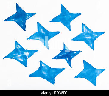 abstract hand drawn pattern on white paper by blue felt pen - simple ornament from four-pointed shaped stars Stock Photo