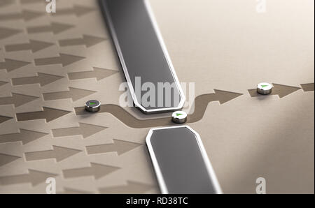 3d illustration of arrows blocked by a wall plus one passing through a breach. Circumvent censorship or getting around difficulties concept. Stock Photo
