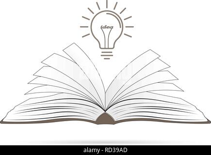 Bright creative idea. Light bulb over opened brown book. Concept of an idea. Vector illustration, EPS10. Stock Vector