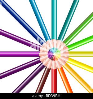 Color pencils in the form of a circle. Color pencils background. Spectrum color. Vector illustration, EPS10. Stock Vector