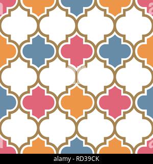 Vector moroccan repeat seamless pattern. Pink, yellow and blue with gold beige line on white background. Stock Vector