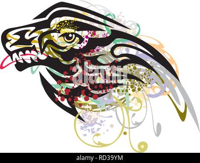 Grunge aggressive wolf head with a falcon inside. Tribal angry peaked head of a wolf with colorful floral splashes on a white background Stock Vector