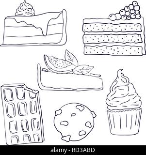 Hand drawn sweet cakes slices set vector illustration. Doodle illustration. Cake pieces, chocolate, cokie and sweets in doodle style. Vector illustrat Stock Vector