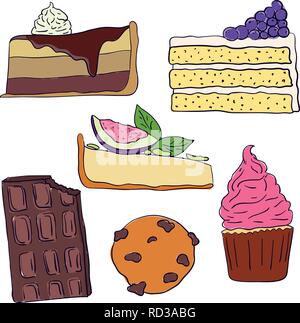 Hand drawn sweet cakes slices set vector illustration. Doodle illustration. Cake pieces, chocolate, cokie and sweets in doodle style. Vector illustrat Stock Vector