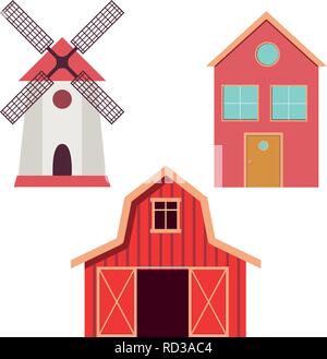 Red barn, windmill and farm house in flat style. Vector illustration Stock Vector
