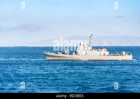 RHODES, GREECE – SEPTEMBER 21 2017: HS Ormi – Greek gunboat P230 (former Asheville-class gunboats of the US Navy transferred to Greece in 1989) leaves Stock Photo