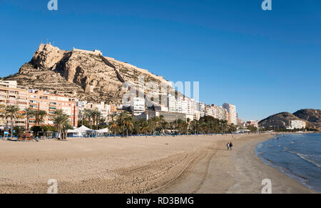 The castle of Santa Barbara seen from the beach  in Alicante, Spain, Europe Stock Photo