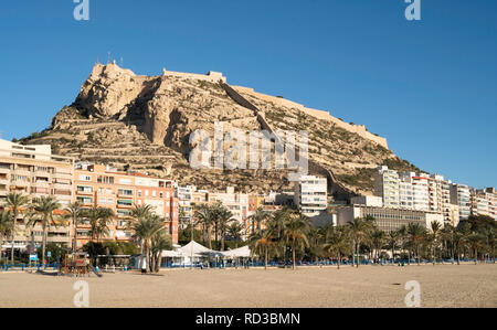 The castle of Santa Barbara seen from the beach  in Alicante, Spain, Europe Stock Photo
