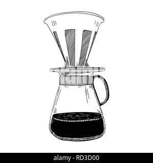 Hand drip coffee simple line vector, isolate on white background - Vector iconic design. Stock Vector