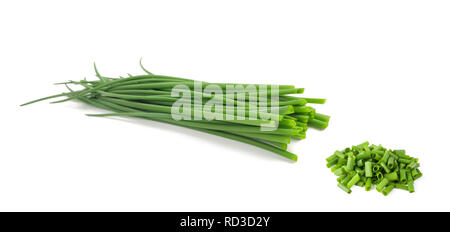 Chives bunch and chopped chives  isolated on white background Stock Photo