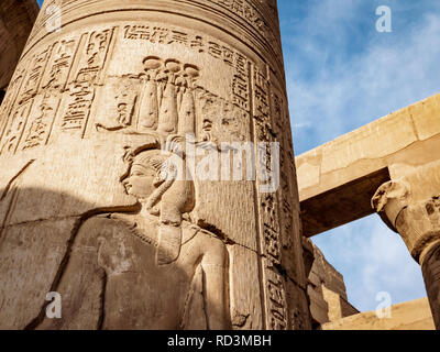 Kom Ombo Temple hieroglyphs from the Ptolemy dynasty. The temple is also known as the Crocodile Temple or Sobek Temple Stock Photo
