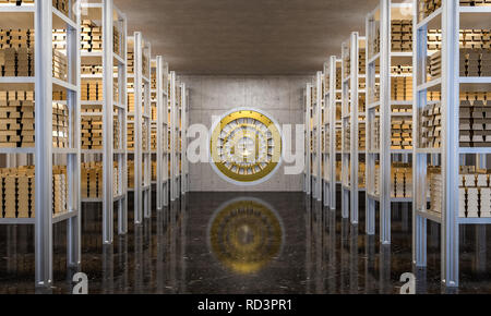 golden ingot in bank vault 3d rendering Stock Photo