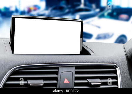Monitor in car with isolated blank screen use for navigation maps and GPS. Isolated on white with clipping path. Car detailing. Modern car interior de Stock Photo