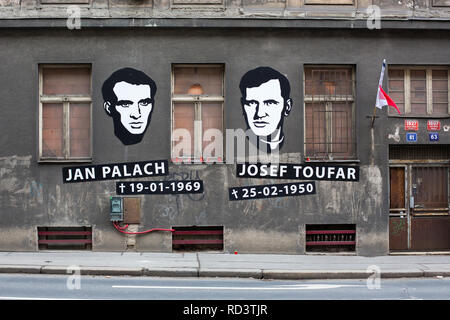 Jan Palach and Josef Toufar victims of communism in Czechoslovakia. Street art in their memory in  Legerova street Prague, Czech Republic, January 16, Stock Photo