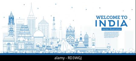 Outline Welcome to India City Skyline with Blue Buildings. Delhi. Mumbai, Bangalore, Chennai. Vector Illustration. Stock Vector