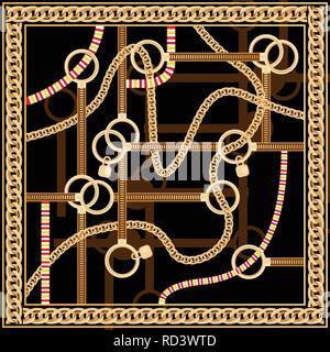 Pattern with Golden Chain and Belts for Fabric Design. Vector Illustration. Silk Scarf Design. Stock Vector