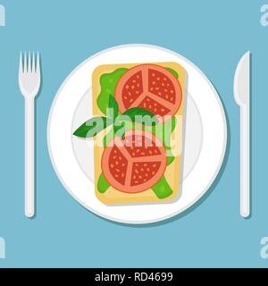 Toast with avocado puree and tomato slices on a plate. Flat vector illustration. Top view. Stock Vector