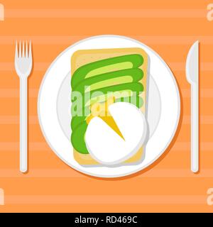 Toast with avocado slices and poached egg on a plate. Flat vector illustration. Top view Stock Vector