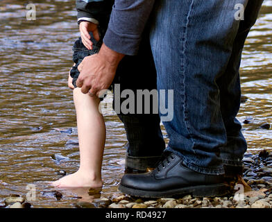 A father helping his son to explore wading in the stream bed. Stock Photo