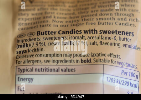 Sweeteners isomalt and acesulfame-K shown in ingredients list on packet of Werthers sugar free butter candies sweets Stock Photo