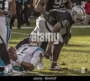 Seattle Seahawks linebacker Bruce Irvin (51) sacks Carolina Panthers  quarterback Cam Newton (1) at CenturyLink Field in Seattle on October 18,  2015. The Panthers came from behind with 32 seconds remaining in