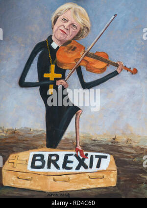 London, UK. 16th January, 2019. Political satire artist Kaya Mar artwork of Prime Minister Theresa May playing the violin with one foot on a coffin titled Brexit  - BREXIT scenes in Westminster Houses of Parliament and surrounding area, London, England on 16 January 2019. Photo by Andy Rowland. Credit: Andrew Rowland/Alamy Live News