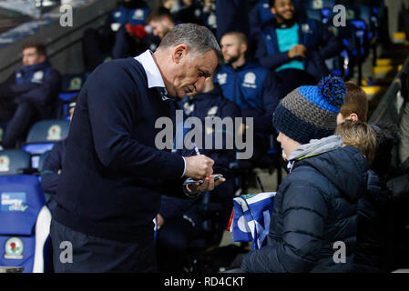 Blackburn Rovers Manager Tony Mowbray signs autographs for fans before the FA Cup Third Round replay between Blackburn Rovers and Newcastle United at Ewood Park on January 15th 2019 in Blackburn, England. (Photo by Daniel Chesterton/phcimages.com) Stock Photo