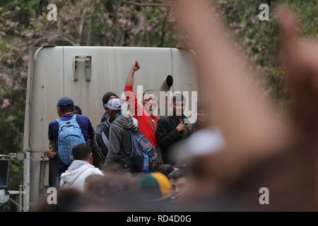 Aguas Calientes, Guatemala. 16th Jan, 2019. Migrants rejoice and wave as they can continue their journey north on a truck. A so-called migrant caravan had left the Honduran city of San Pedro Sula to the north. According to the government of Honduras, 700 people entered Guatemala with and without the necessary papers. The group plans to immigrate to the USA. Credit: Morena Perez Joachin/dpa/Alamy Live News Stock Photo