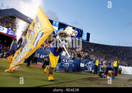 January 12, 2019 Los Angeles Rams run onto the field before the NFC Divisional Round playoff game between the Los Angeles Rams and the Dallas Cowboys at the Los Angeles Coliseum in Los Angeles, California. Charles Baus/CSM. Stock Photo