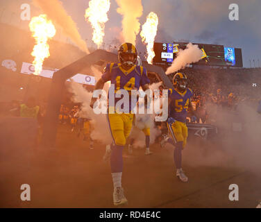 January 12, 2019 Los Angeles Rams run onto the field before the NFC Divisional Round playoff game between the Los Angeles Rams and the Dallas Cowboys at the Los Angeles Coliseum in Los Angeles, California. Charles Baus/CSM. Stock Photo