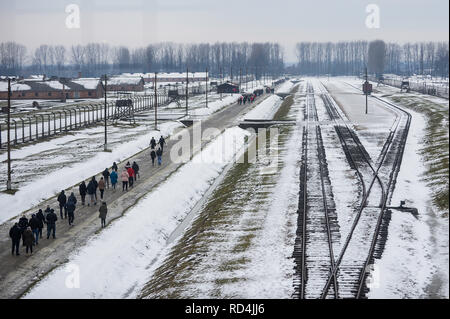 Oswiecim, Poland. 16th Jan, 2019. Visitors seen walking through the former Nazi German Auschwitz-Birkenau death camp.The holocaust Remembrance Day will take place on January 27, where survivors will attend the 74th Anniversary of Auschwitz liberation celebrations. Credit: Omar Marques/SOPA Images/ZUMA Wire/Alamy Live News Stock Photo