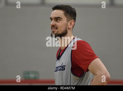 London, UK. 16th Jan, 2019. Czech basketball player Tomas Satoransky speaks with journalists during the press conference in hotel InterContinental in London, England, January 16, 2019. Credit: David Svab/CTK Photo/Alamy Live News Stock Photo