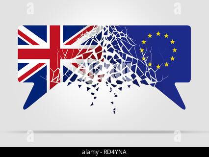 European Community and United Kingdom broken communication symbol with the flag of the UK and Europe in a 3D illustration style. Stock Photo