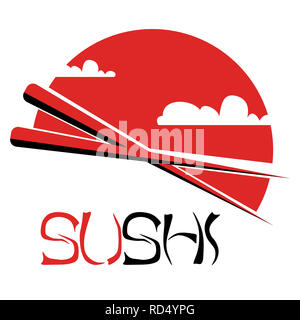 Set of sSsalmon and rice. Cuisine with seafood. Emblem for menu of japan restaurant. Stock Photo