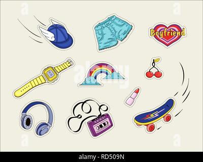 Set of patches with fashion badges retro style icons 80s, isolated on white Stock Vector